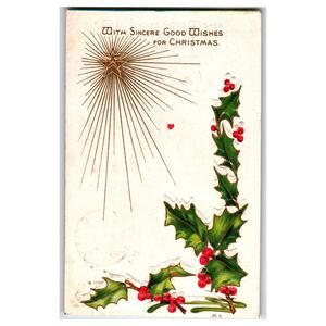 Vintage 1910 Embossed Christmas Postcard Holly Berries & Star